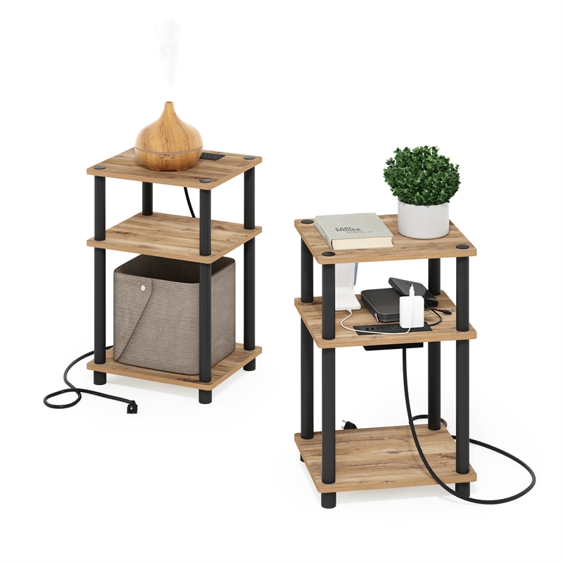 Pemberly Row 3-Tier USB Type-C Charging Port End Table in Flagstaff Oak Set of 2