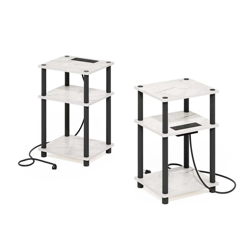 Pemberly Row 3-Tier USB Type-C Charging Port End Table in Marble White Set of 2