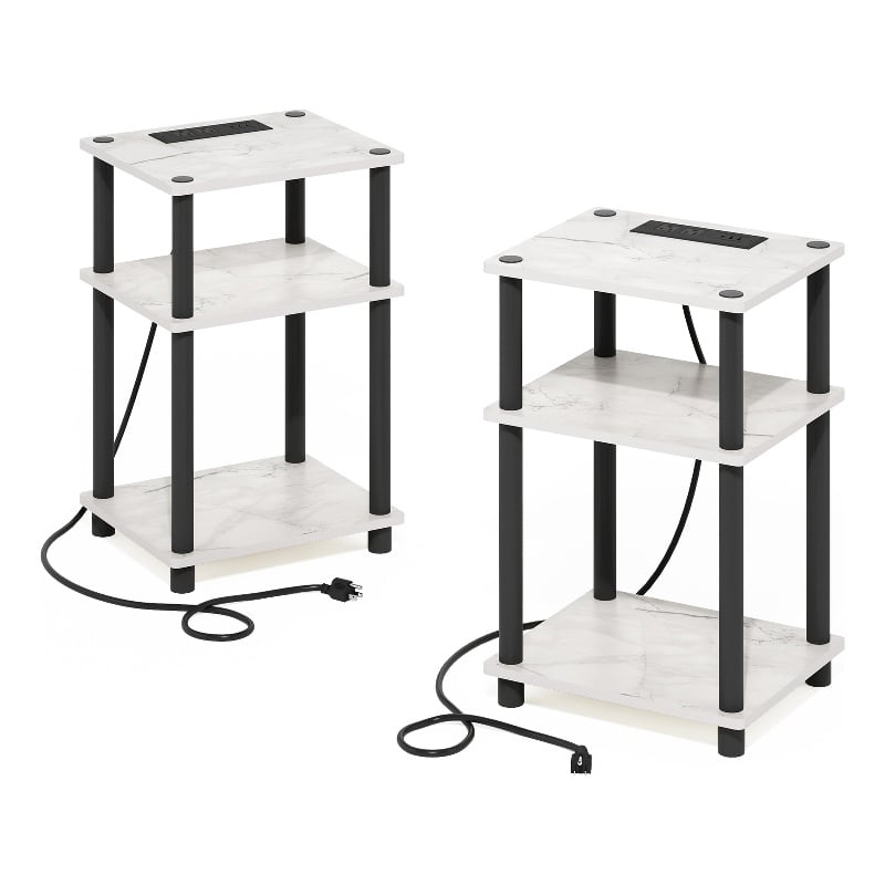 Pemberly Row 3-Tier USB Type-C Charging Port End Table in Marble White Set of 2