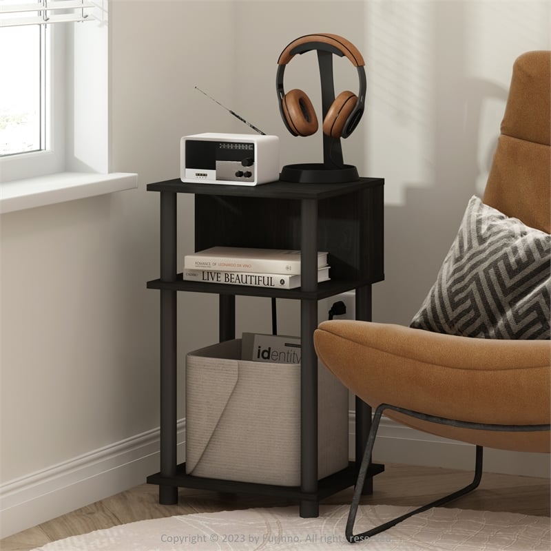 Pemberly Row 3-Tier Turn-N-Tube Open Storage End Table with USB Espresso/Black
