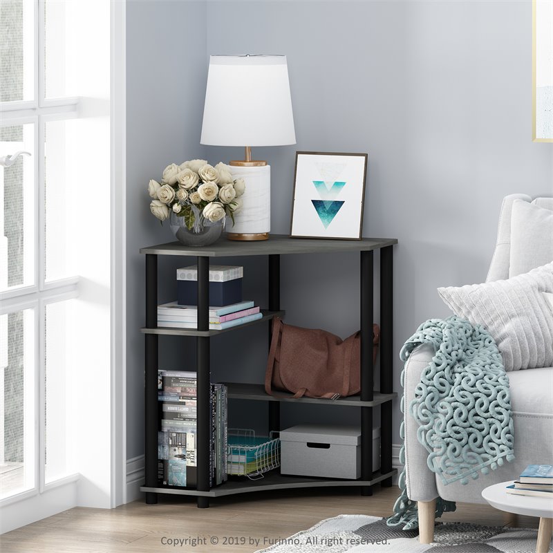 Pemberly Row Turn-N-Tube Wood Space Saving Corner Desk in Oak Gray/Black