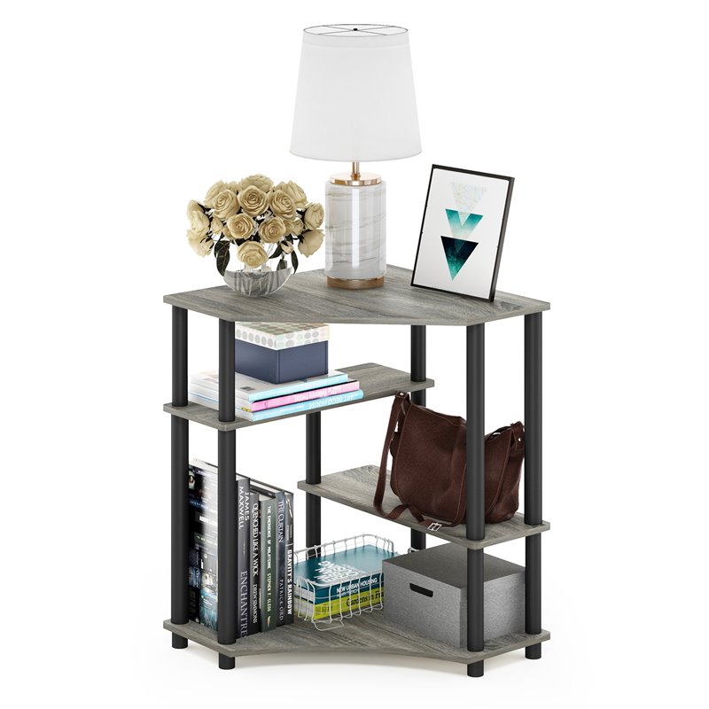 Pemberly Row Turn-N-Tube Wood Space Saving Corner Desk in Oak Gray/Black