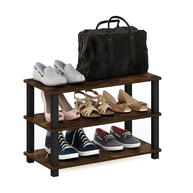 Pemberly Row Turn-S-Tube 3-Tier Shoe Rack in Amber Pine/Black