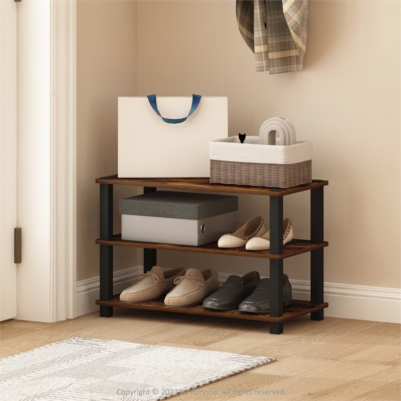 Pemberly Row Turn-S-Tube 3-Tier Shoe Rack in Amber Pine/Black