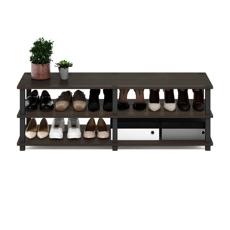 Pemberly Row Turn-S-Tube Wood 3-Tier Shoe Storage Rack in Dark Brown/Black