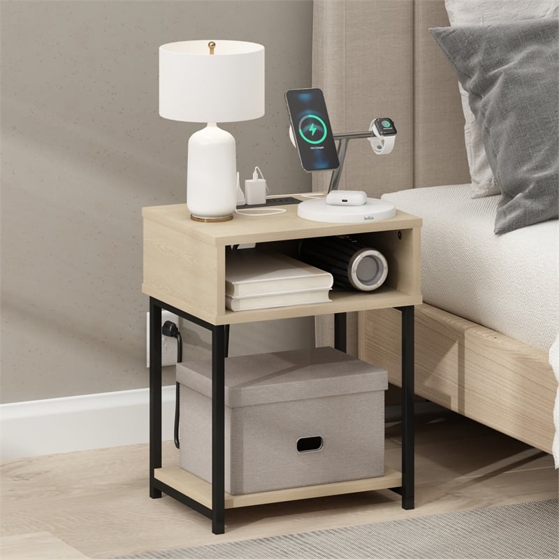 Pemberly Row USB and Type-C Charging Port Open Storage Side Table Bauhaus Oak