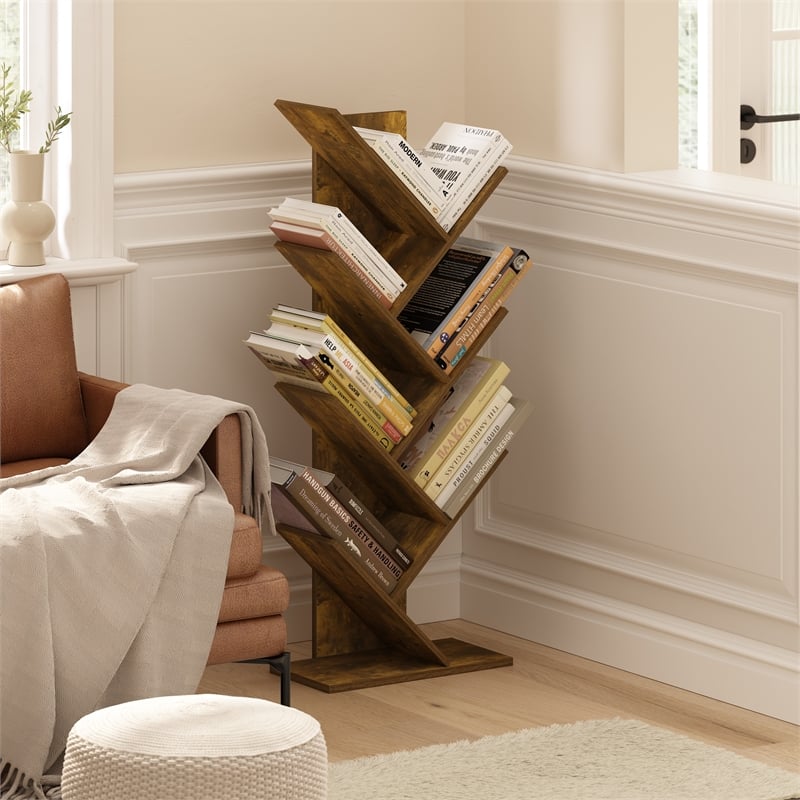 Pemberly Row Bookshelf 7-Tier Floor Standing Bookcase in Amber Pine