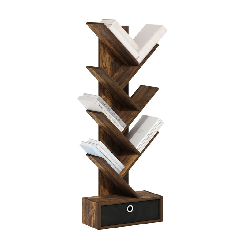 Pemberly Row Bookshelf 7-Tier Floor Standing Bookcase with Amber Pine/Black