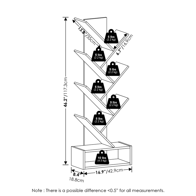 Pemberly Row Bookshelf 7-Tier Floor Standing Bookcase with Bin White/Black