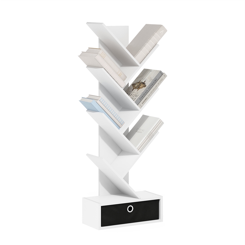 Pemberly Row Bookshelf 7-Tier Floor Standing Bookcase with Bin White/Black