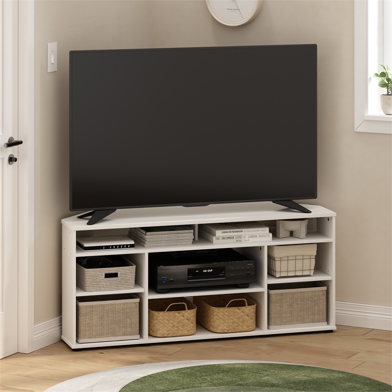 Pemberly Row Contemporary Corner TV Stand TV up to 55-inches in White