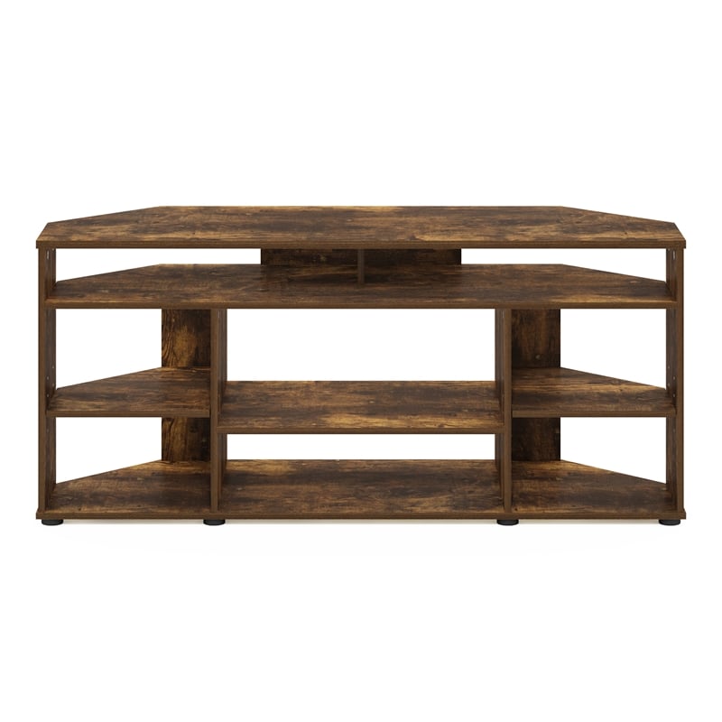 Pemberly Row Corner TV Stand TV up to 55 Inches in Amber Pine