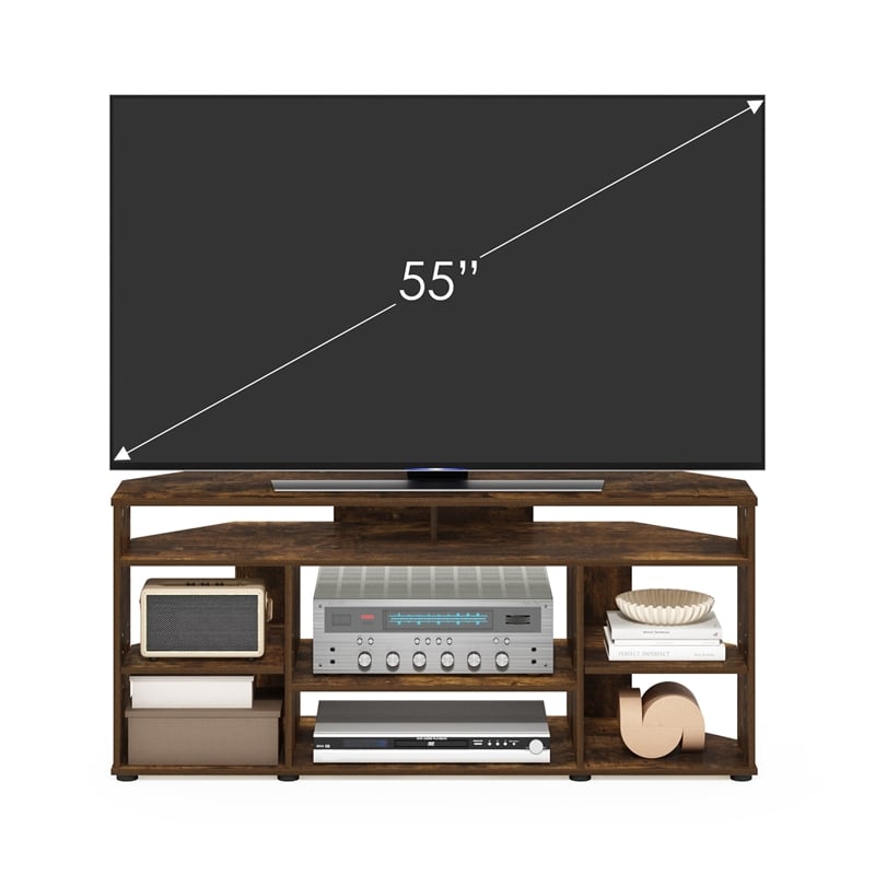 Pemberly Row Corner TV Stand TV up to 55 Inches in Amber Pine