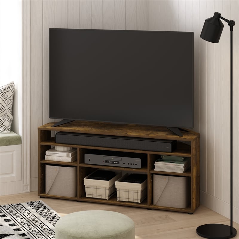 Pemberly Row Corner TV Stand TV up to 55 Inches in Amber Pine