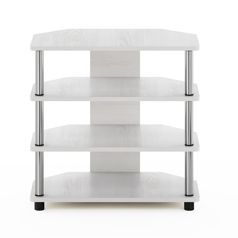 Pemberly Row Easy Assembly 4-Tier Petite TV Stand in White Stainless Steel Tubes
