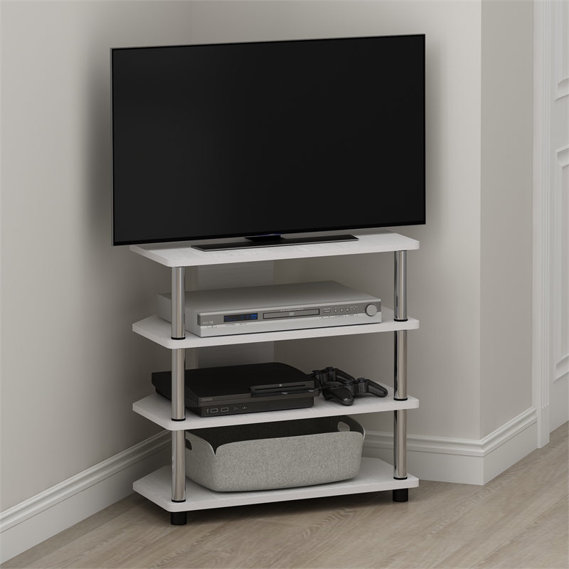Pemberly Row Easy Assembly 4-Tier Petite TV Stand in White Stainless Steel Tubes