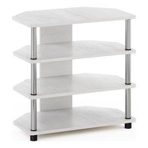 Pemberly Row Easy Assembly 4-Tier Petite TV Stand in White Stainless Steel Tubes