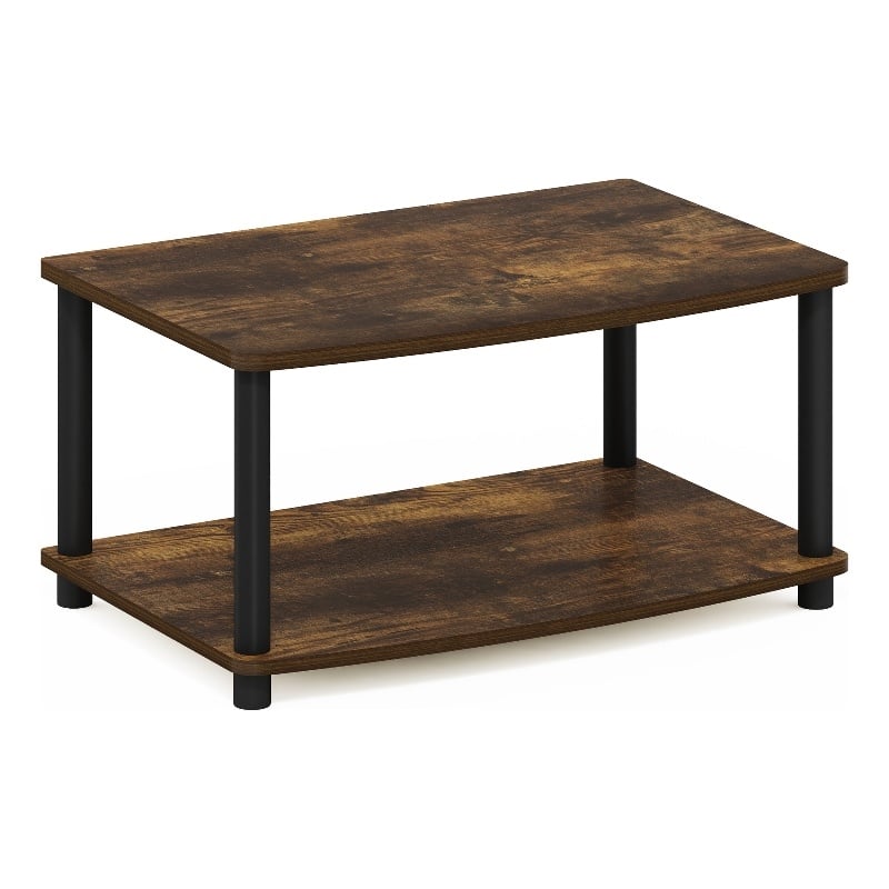 Pemberly Row Turn-N-Tube No Tools 2-Tier Elevated TV Stands in Amber Pine/Black