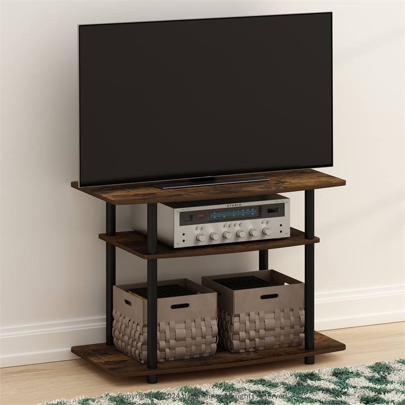 Pemberly Row Turn-N-Tube No Tools 3-Tier TV Stands in Amber Pine/Black