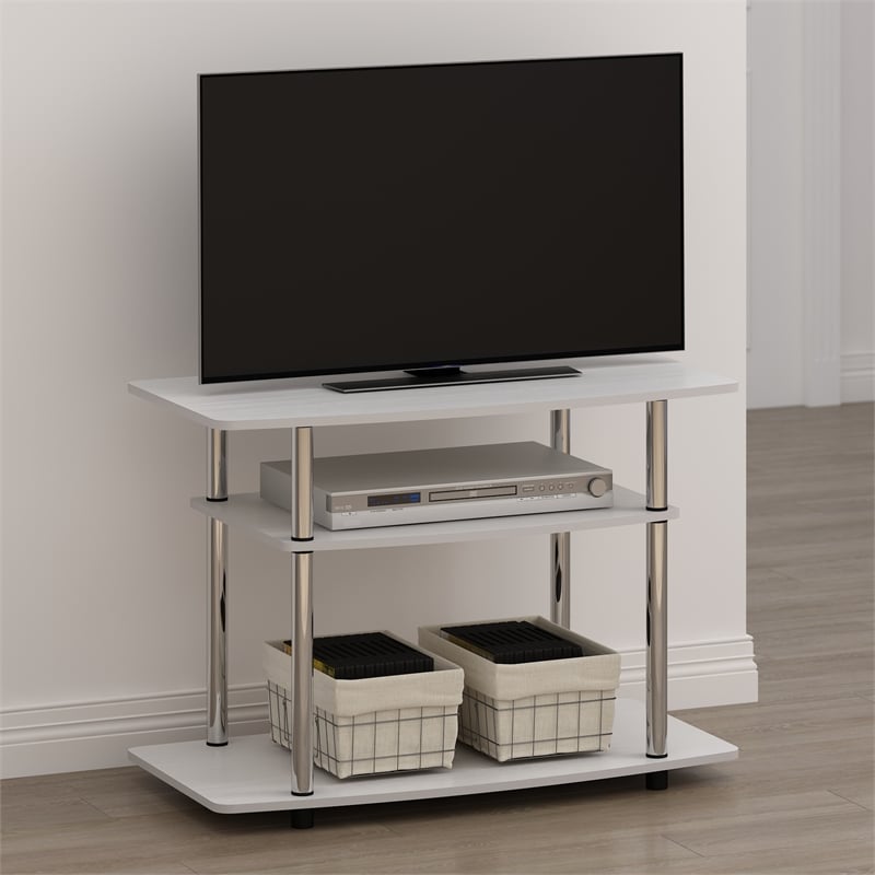Pemberly Row Turn-N-Tube 3-Tier TV Stands in White Oak Stainless Steel Tubes