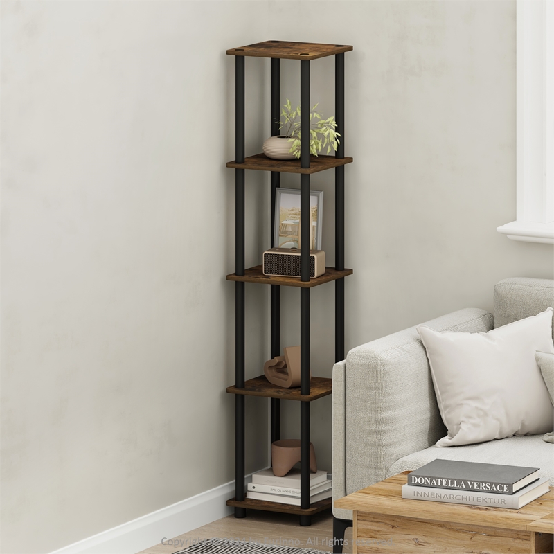 Pemberly Row 5-Tier Corner Square Rack Display Shelf in Amber Pine/Black