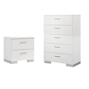 Pemberly Row Set of 2 Wood 2-Drawer Nightstand & 5-Drawer Chest in White