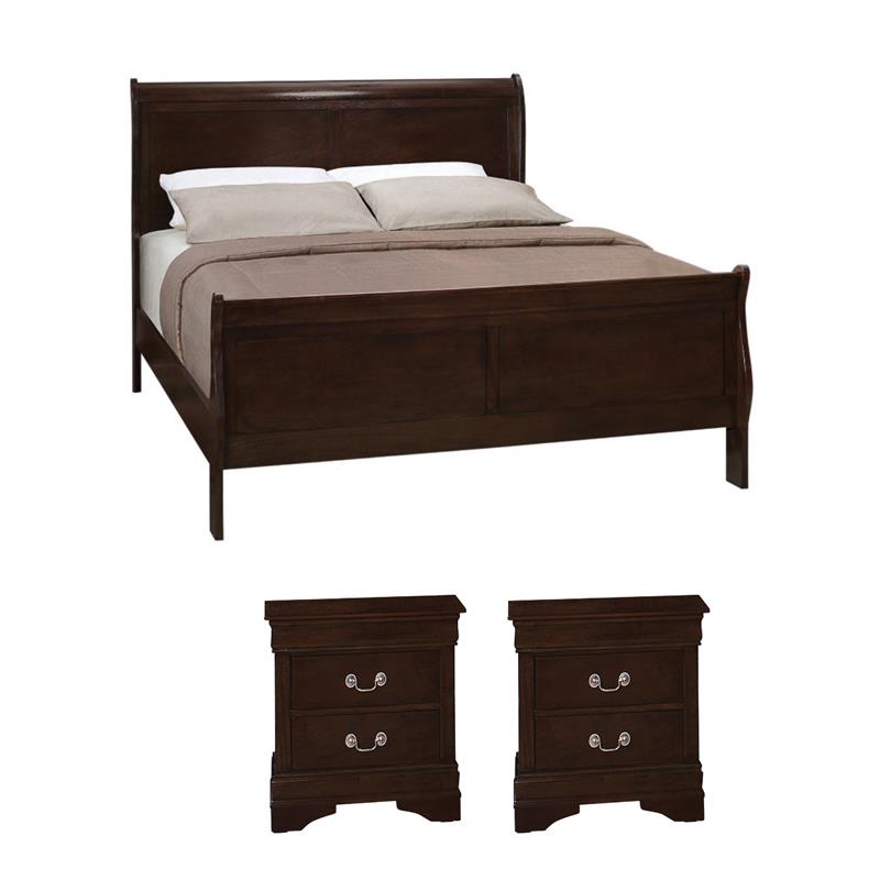 Pemberly Row Set of 3 Full Sleigh Panel Bed & Two 2-Drawer Nightstand