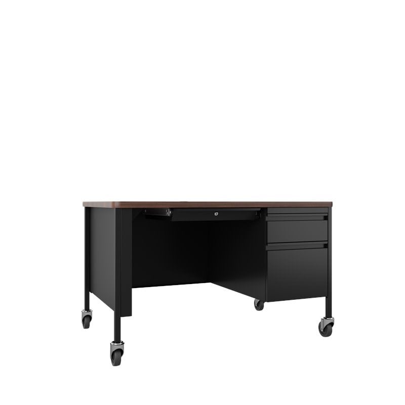 Pemberly Row Mobile Right Hand Single Pedestal Metal Desk in Black/Walnut