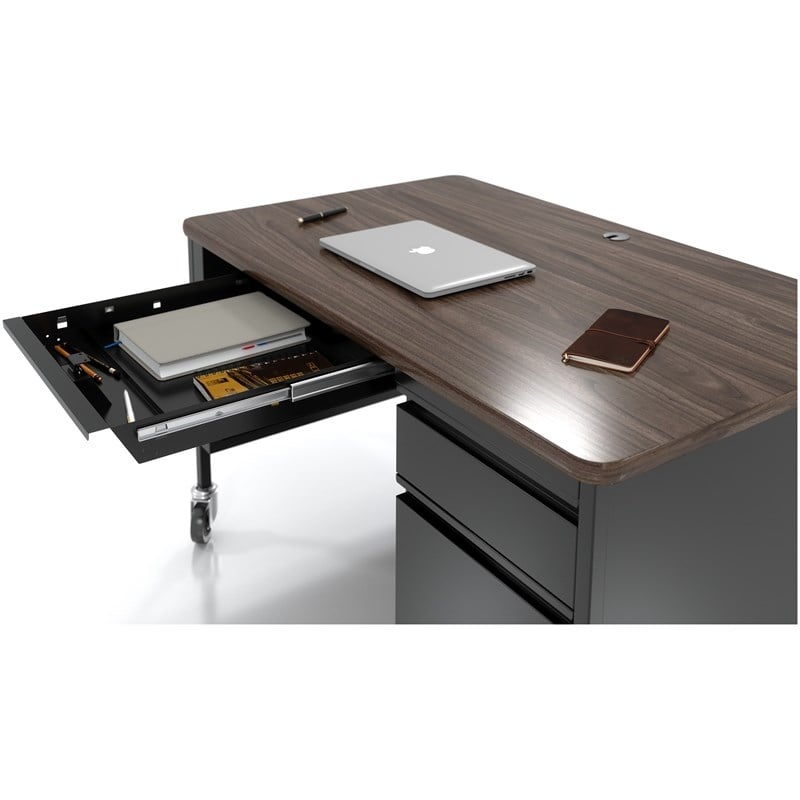 Pemberly Row Mobile Right Hand Single Pedestal Metal Desk in Black/Walnut