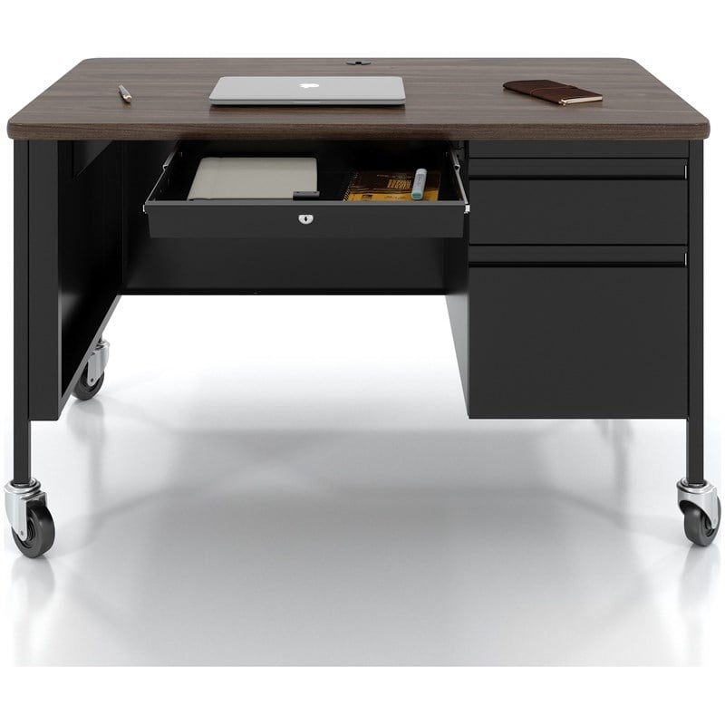 Pemberly Row Mobile Right Hand Single Pedestal Metal Desk in Black/Walnut