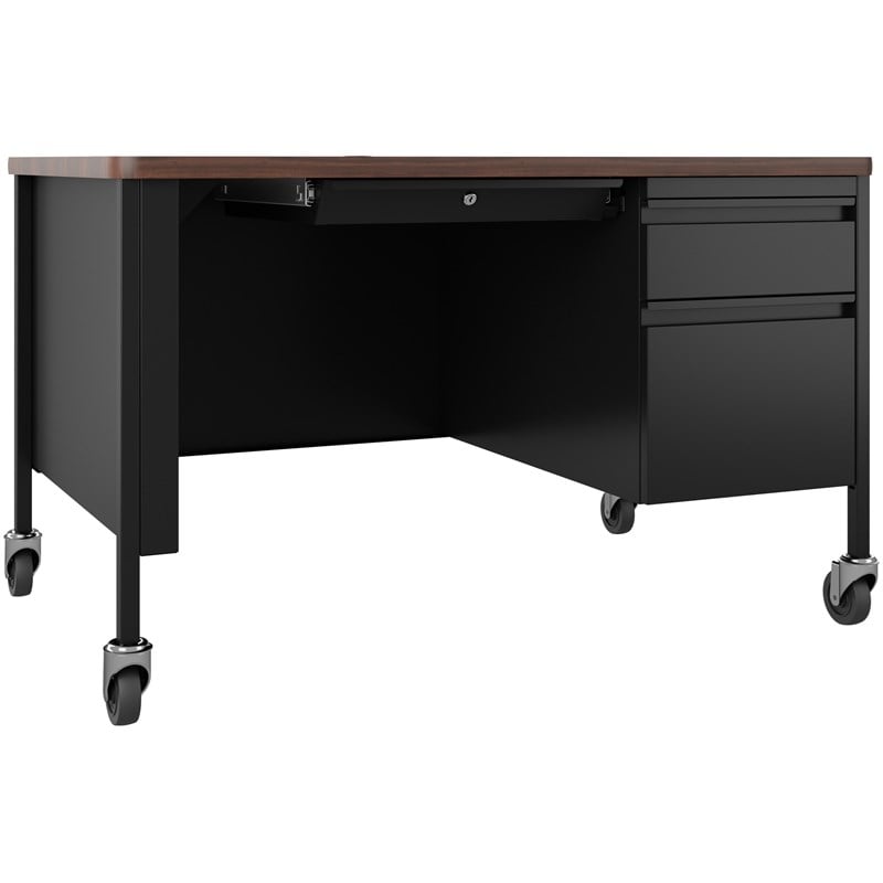 Pemberly Row Mobile Right Hand Single Pedestal Metal Desk in Black/Walnut