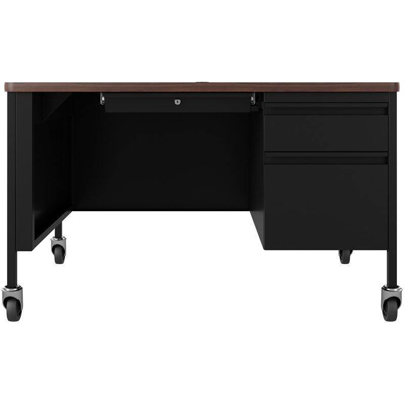 Pemberly Row Mobile Right Hand Single Pedestal Metal Desk in Black/Walnut