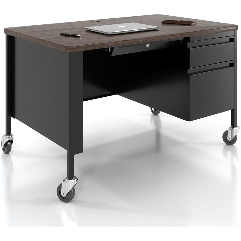 Pemberly Row Mobile Right Hand Single Pedestal Metal Desk in Black/Walnut