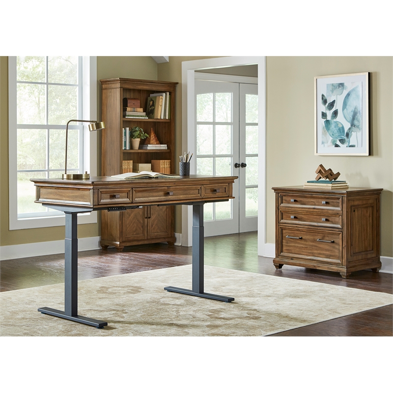 Pemberly Row Wood Electronic Sit Stand Desk Standing Desk in Brown
