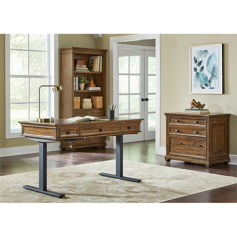 Pemberly Row Wood Electronic Sit Stand Desk Standing Desk in Brown