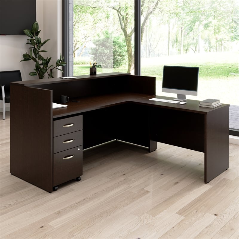 Pemberly Row L-shape Engineered Wood Reception Desk with Drawers in Mocha Cherry