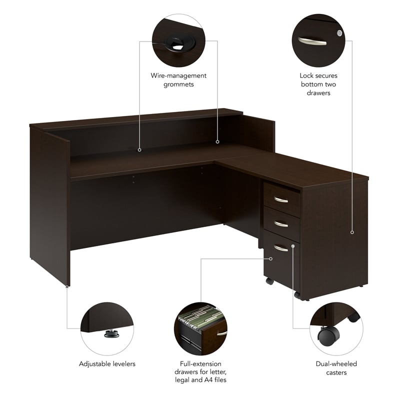 Pemberly Row L-shape Engineered Wood Reception Desk with Drawers in Mocha Cherry