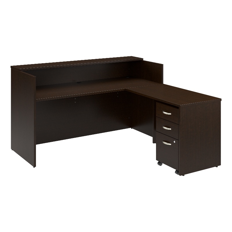 Pemberly Row L-shape Engineered Wood Reception Desk with Drawers in Mocha Cherry