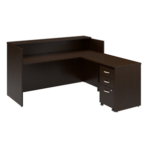 Pemberly Row L-shape Engineered Wood Reception Desk with Drawers in Mocha Cherry