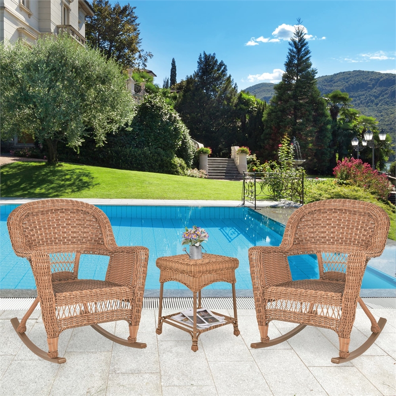 Pemberly Row 3 Piece Resin Wicker Outdoor Patio Rocker Chair Set in Honey
