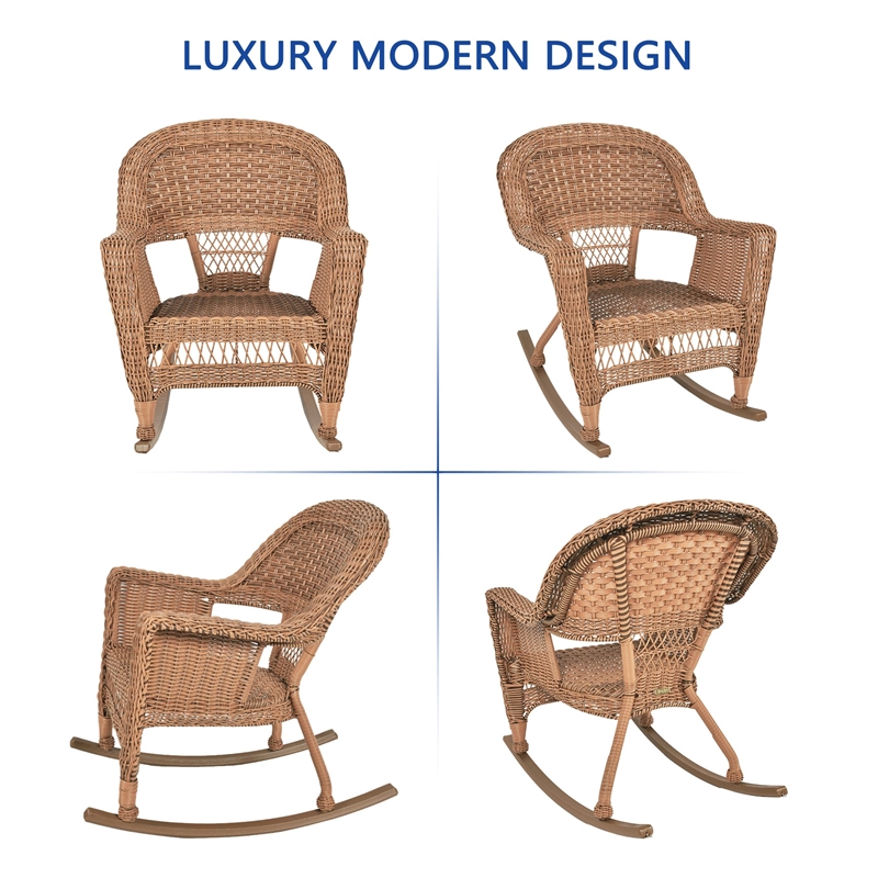 Pemberly Row 3 Piece Resin Wicker Outdoor Patio Rocker Chair Set in Honey