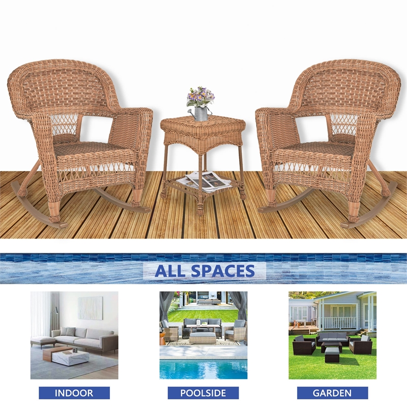 Pemberly Row 3 Piece Resin Wicker Outdoor Patio Rocker Chair Set in Honey