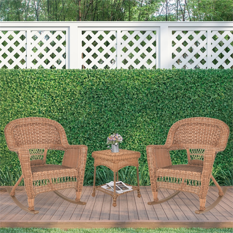 Pemberly Row 3 Piece Resin Wicker Outdoor Patio Rocker Chair Set in Honey