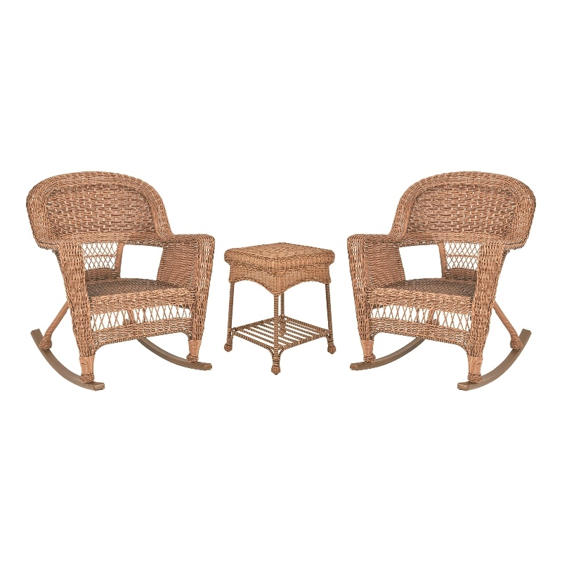 Pemberly Row 3 Piece Resin Wicker Outdoor Patio Rocker Chair Set in Honey