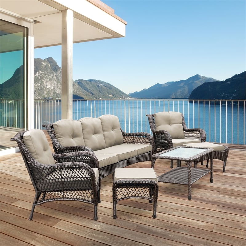 Pemberly Row 6Pc Resin Wicker Outdoor Patio Seating Set in Espresso/Tan Cushions