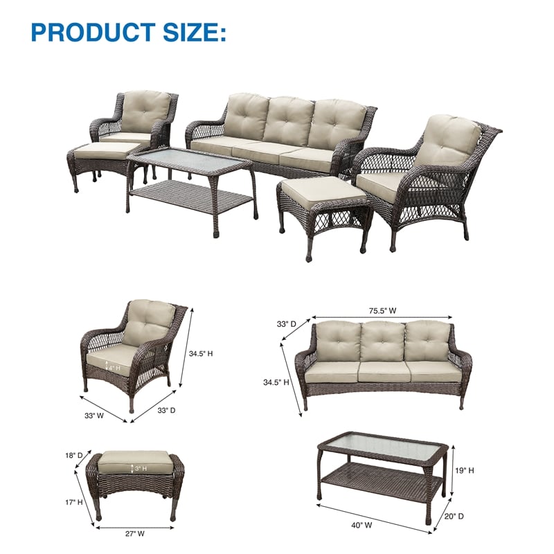 Pemberly Row 6Pc Resin Wicker Outdoor Patio Seating Set in Espresso/Tan Cushions