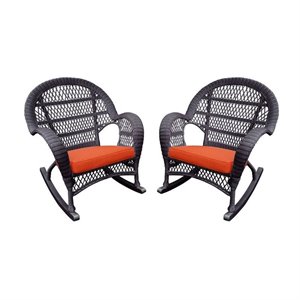 Pemberly Row Wicker Patio Rocker Chair in Espresso w/ Orange Cushion (Set of 4)