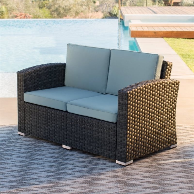 Pemberly Row 4 PC Resin Wicker Conversation Set in Dark Brown/Light Blue Cushion