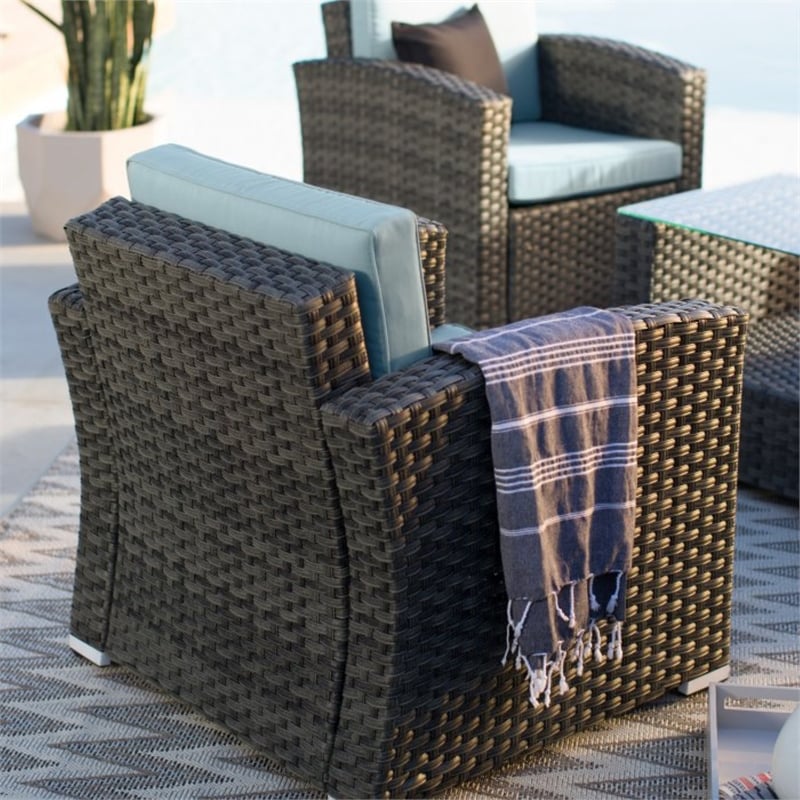 Pemberly Row 4 PC Resin Wicker Conversation Set in Dark Brown/Light Blue Cushion