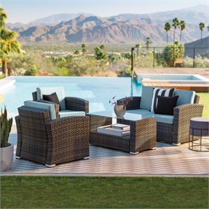 Pemberly Row 4 PC Resin Wicker Conversation Set in Dark Brown/Light Blue Cushion